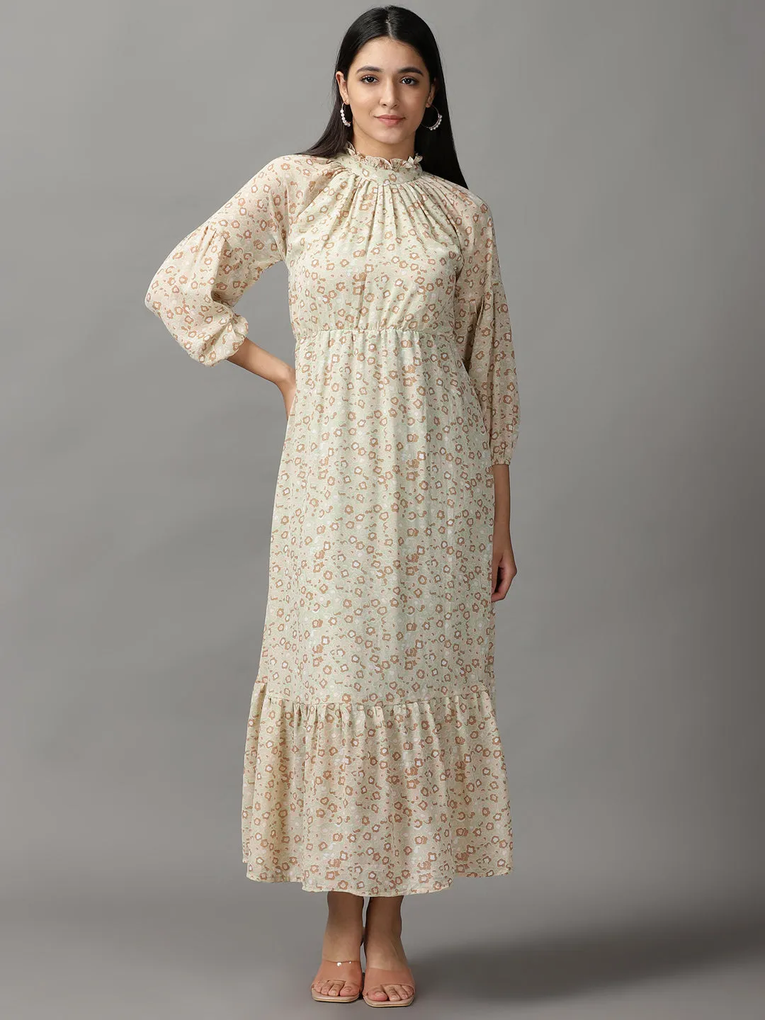 Women's Green Floral Chiffon Fit & Flare Dress All Inclusive Balanced Lines