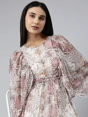 Essential Layer Women's Off White Floral Printed Puff Sleeves Gathered Fit & Flare Bohemian Midi Dress