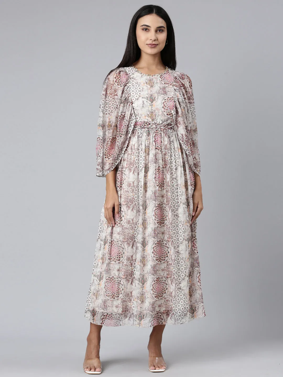 Slim Form Women's Off White Floral Printed Puff Sleeves Gathered Fit & Flare Bohemian Midi Dress