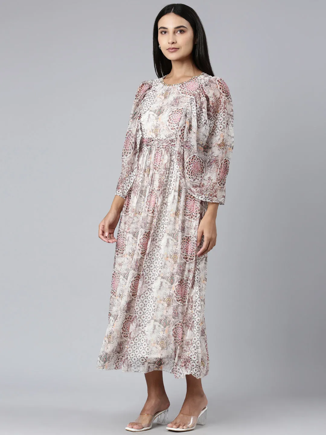 Women's Off White Floral Printed Puff Sleeves Gathered Fit & Flare Bohemian Midi Dress slim fit