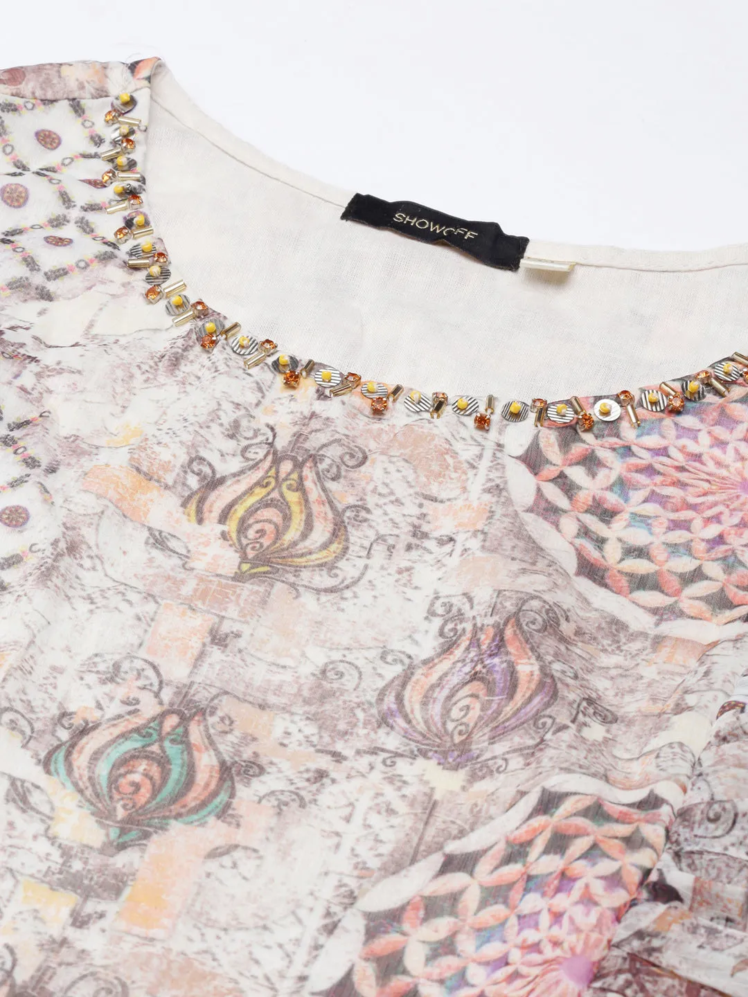 Balanced Texture Sharp Fit Women's Off White Floral Printed Puff Sleeves Gathered Fit & Flare Bohemian Midi Dress