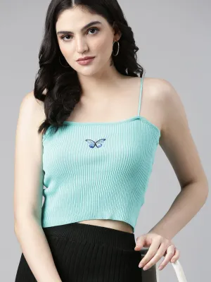 Women's Turquoise Blue Striped Acrylic Shoulder Straps Fitted Crop Top Casual Everyday