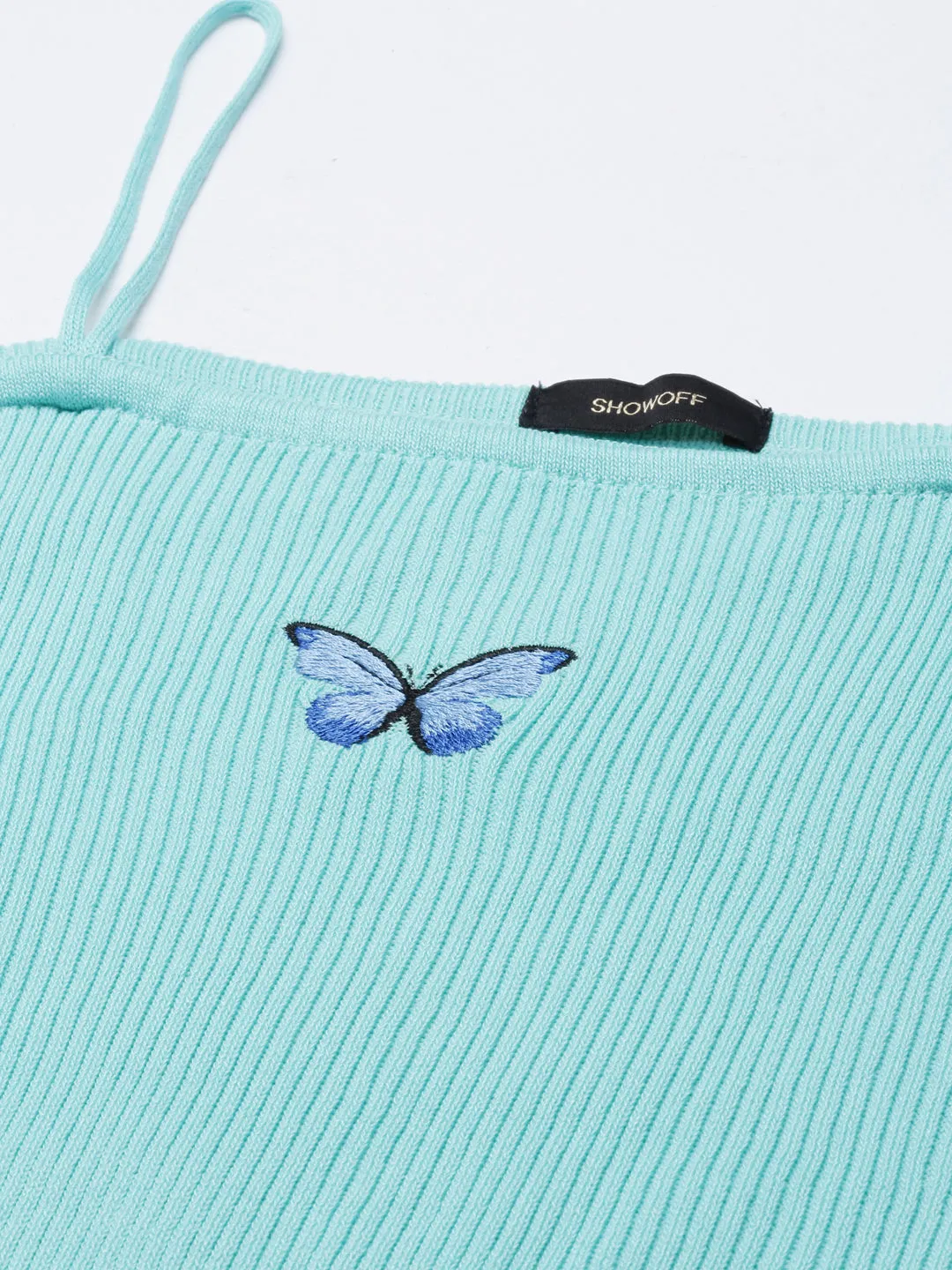 Breathable Look Women's Turquoise Blue Striped Acrylic Shoulder Straps Fitted Crop Top