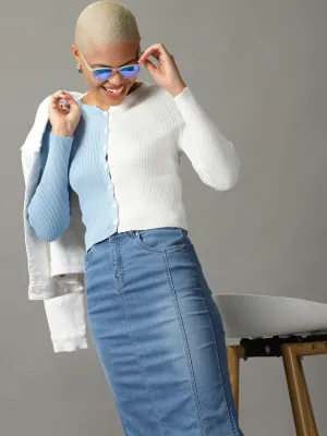 Urban Casual Look Women's White Colour blocked Fitted Crop Top