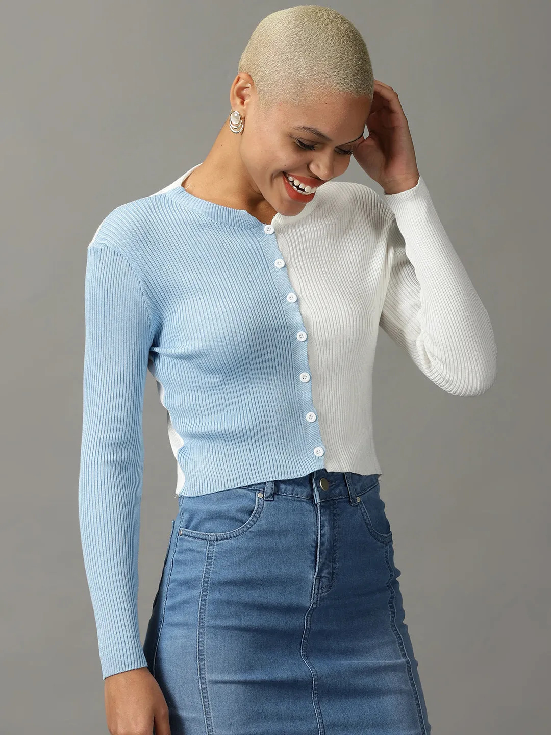 Women's White Colour blocked Fitted Crop Top Light and Comfortable