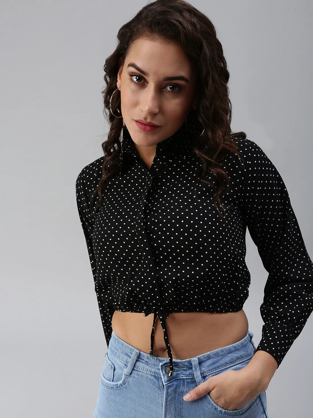 Women's Black Print Crepe Shirt Collar Crop Top LongLastingColor