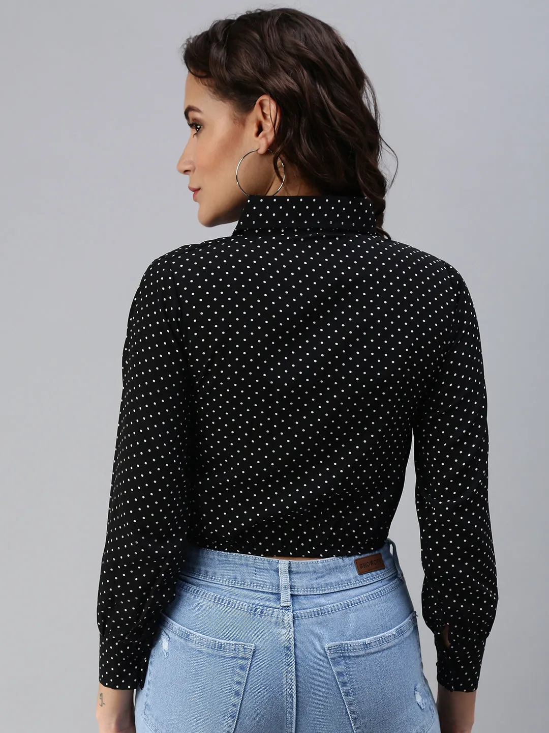 Women's Black Print Crepe Shirt Collar Crop Top Long Lasting Color Durable Collar Construction