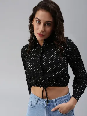 Women's Black Print Crepe Shirt Collar Crop Top LongLastingColor