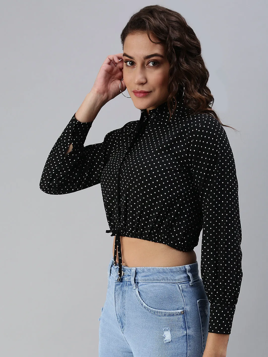 Women's Black Print Crepe Shirt Collar Crop Top Lightweight Shirt Casual Essential Wear