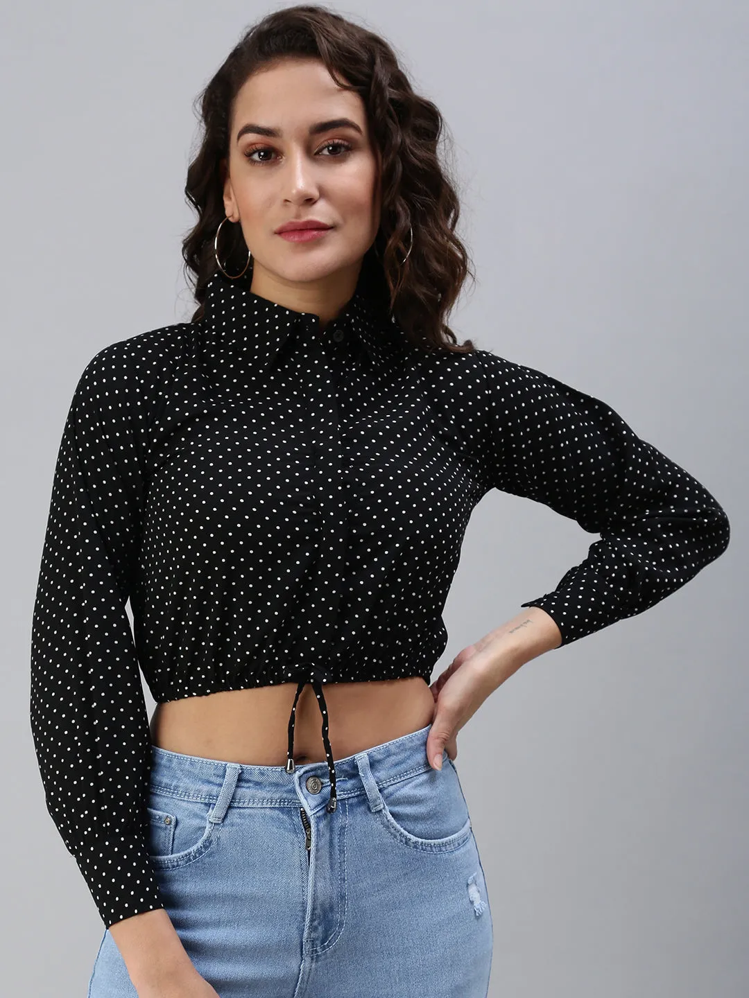 Non Fading Material Women's Black Print Crepe Shirt Collar Crop Top