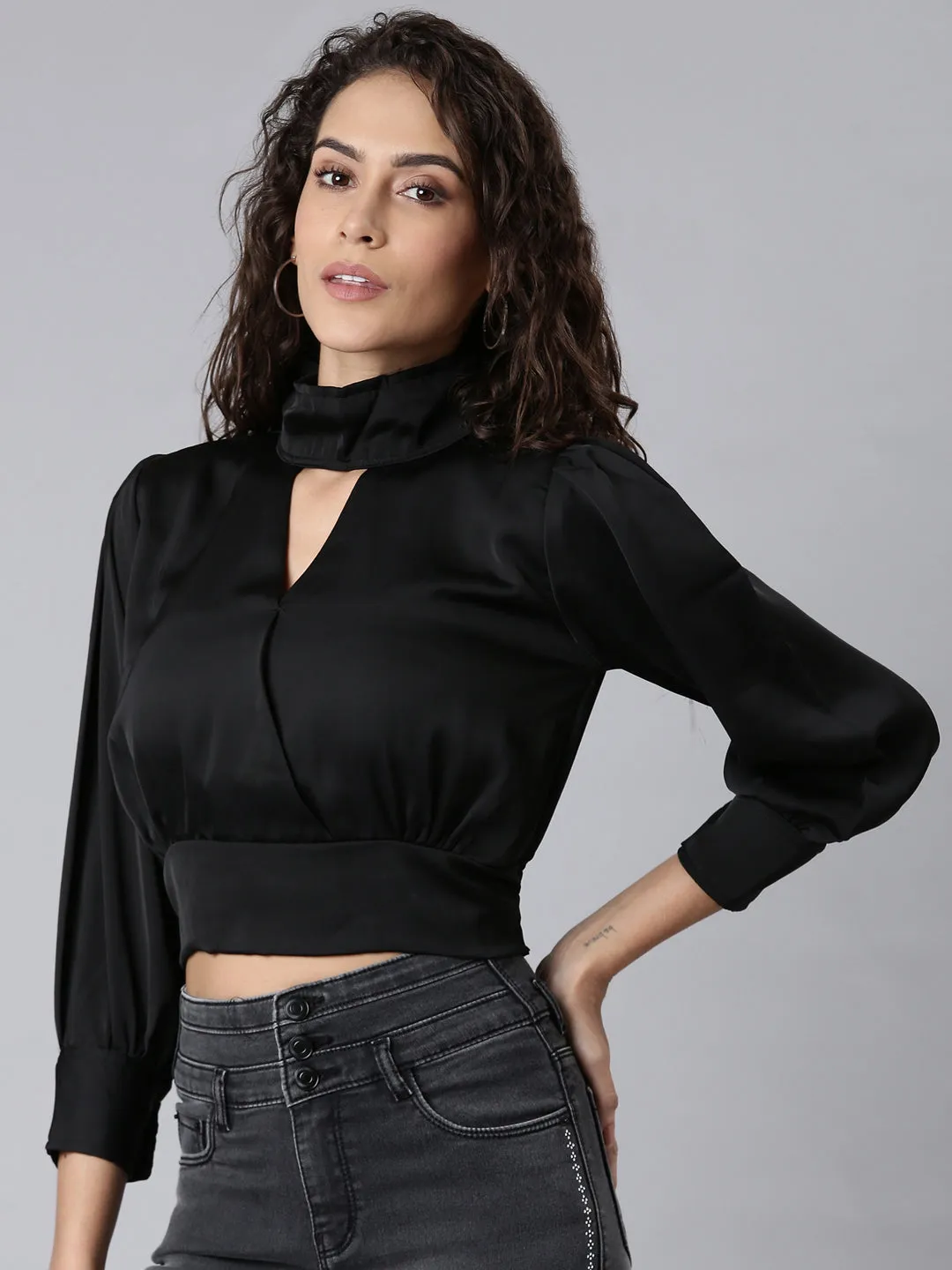 Women's Black High Neck Cuffed Sleeves Cut-Outs Blouson Crop Top AntiStaticLining