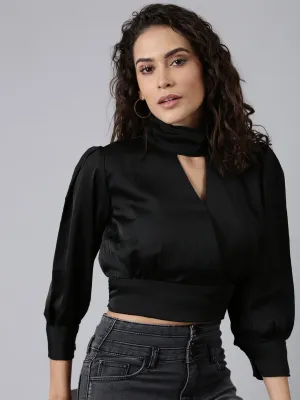 Women's Black High Neck Cuffed Sleeves Cut-Outs Blouson Crop Top Seasonal Layering