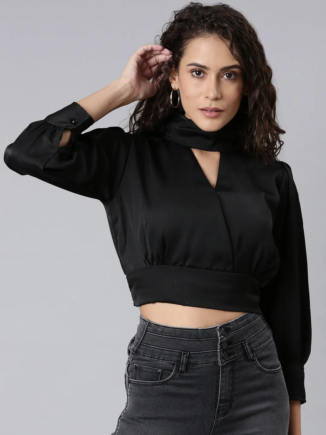 certified Easy Comfort Women's Black High Neck Cuffed Sleeves Cut-Outs Blouson Crop Top