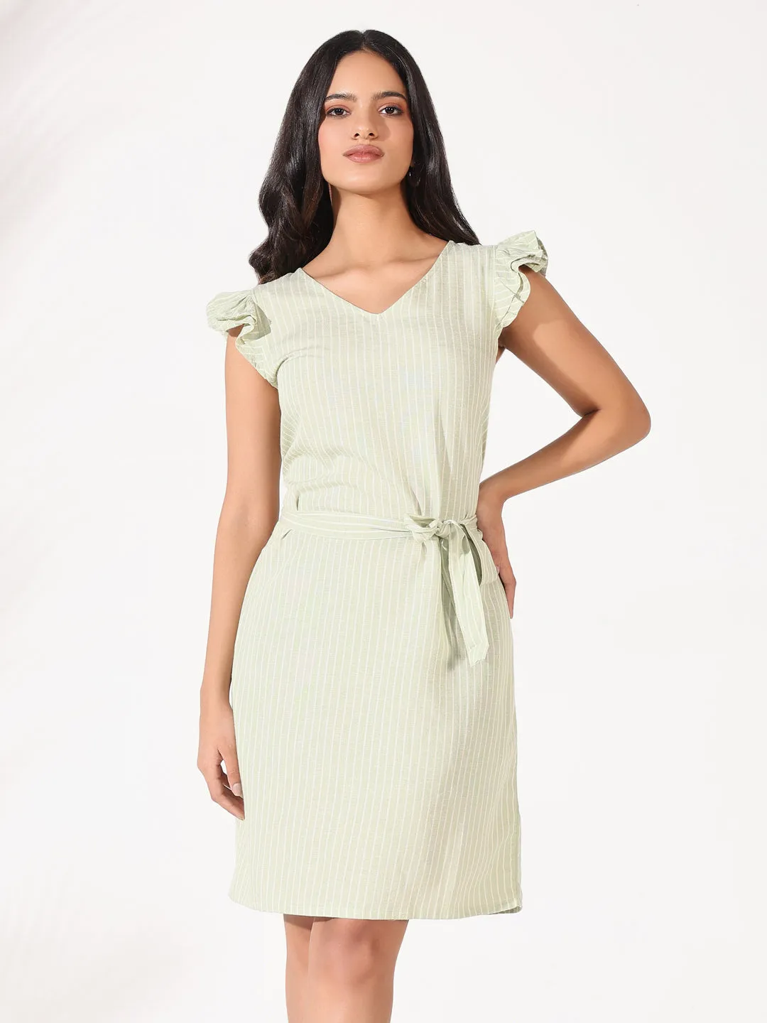 Soft Balance Women's Green Cotton Striped Bodycon Dress