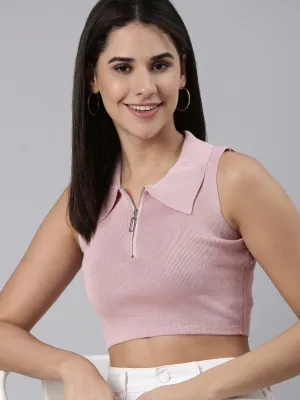 Skin Friendly Lining Spring Wear Women's Pink Shirt Collar Ribbed Fitted Crop Top