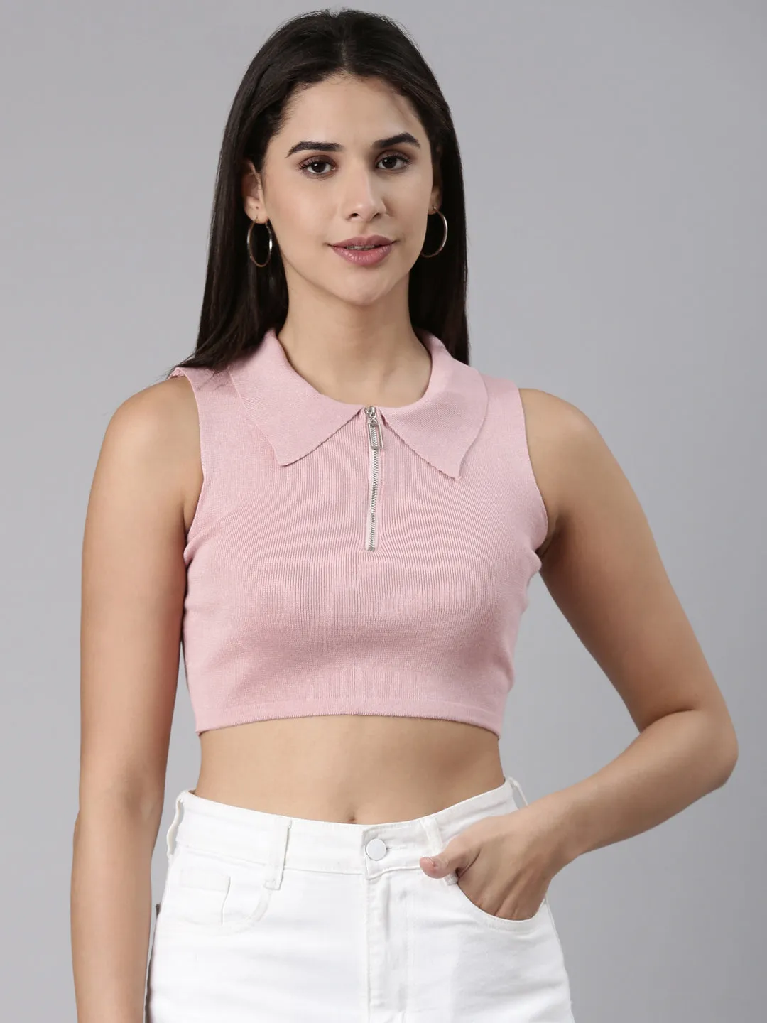 Performance Stretch Women's Pink Shirt Collar Ribbed Fitted Crop Top