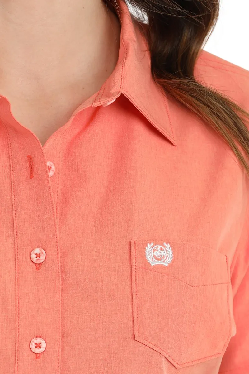 Cinch Women's S/S Arenaflex Solid Coral Western Button Down Shirt Timeless Comfort Wear SeamlessSidePanels