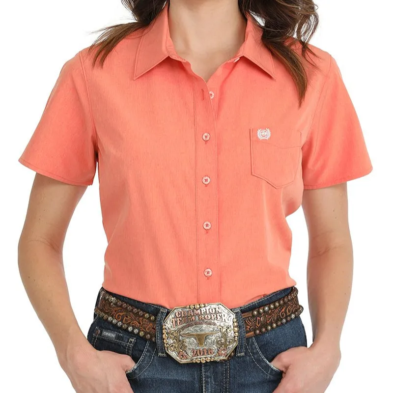 Cinch Women's S/S Arenaflex Solid Coral Western Button Down Shirt Quick Dry Wear