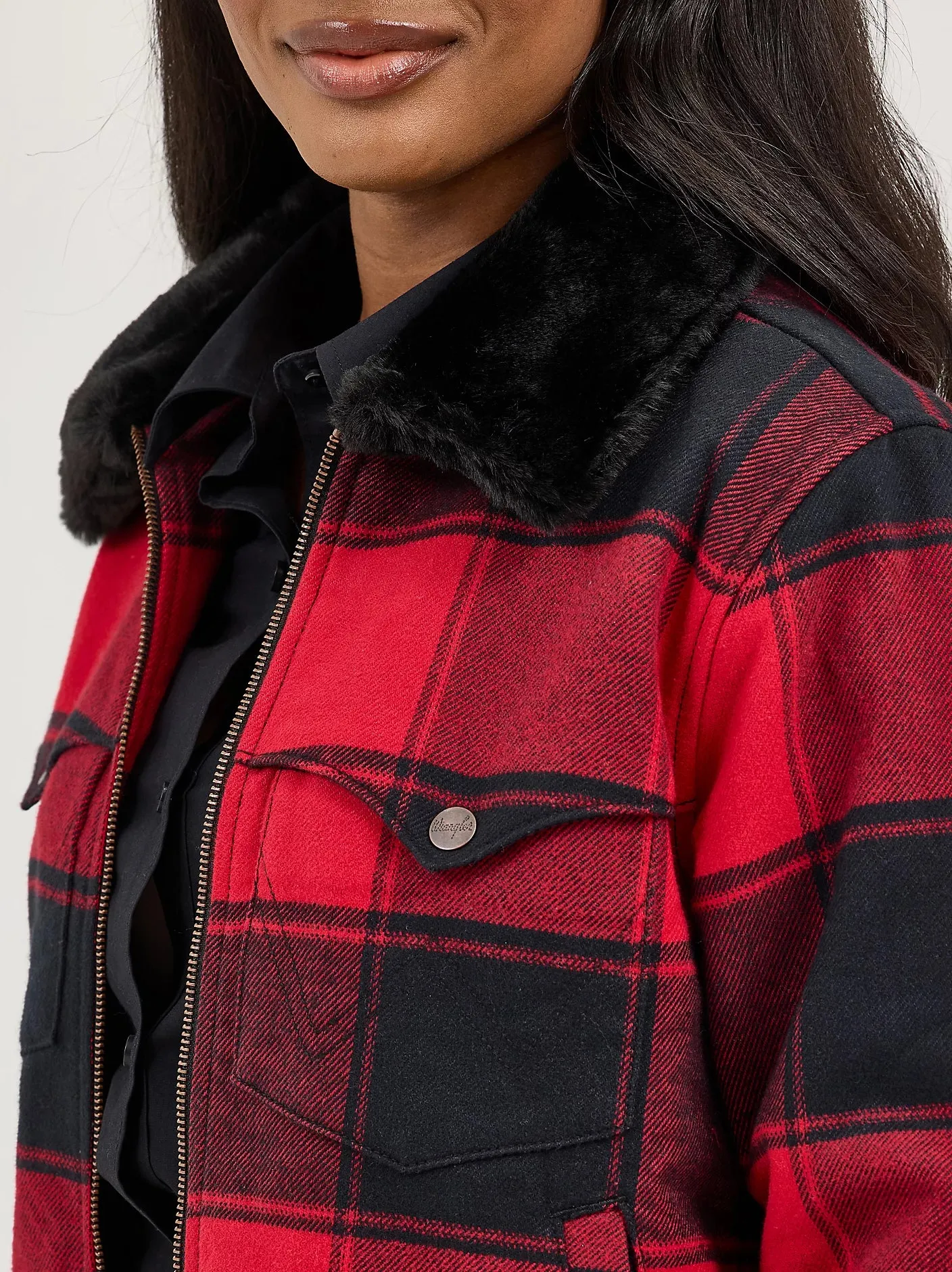 Snow Block Wrangler Retro Women's Lined Bomber in Red Buffalo