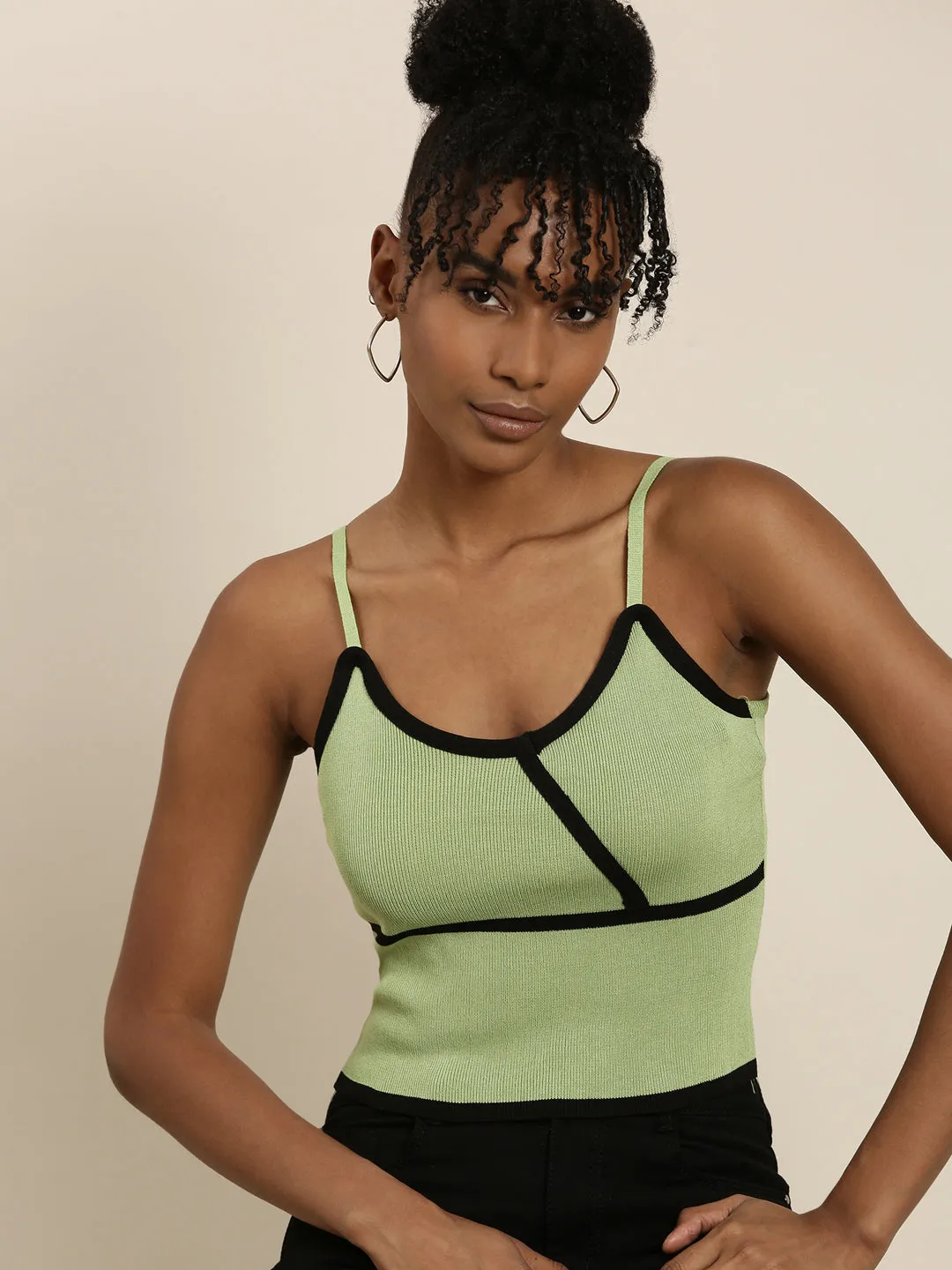 Classic Layer Roomy Fit Women's Green Ribbed Shoulder Straps Crop Tank Top
