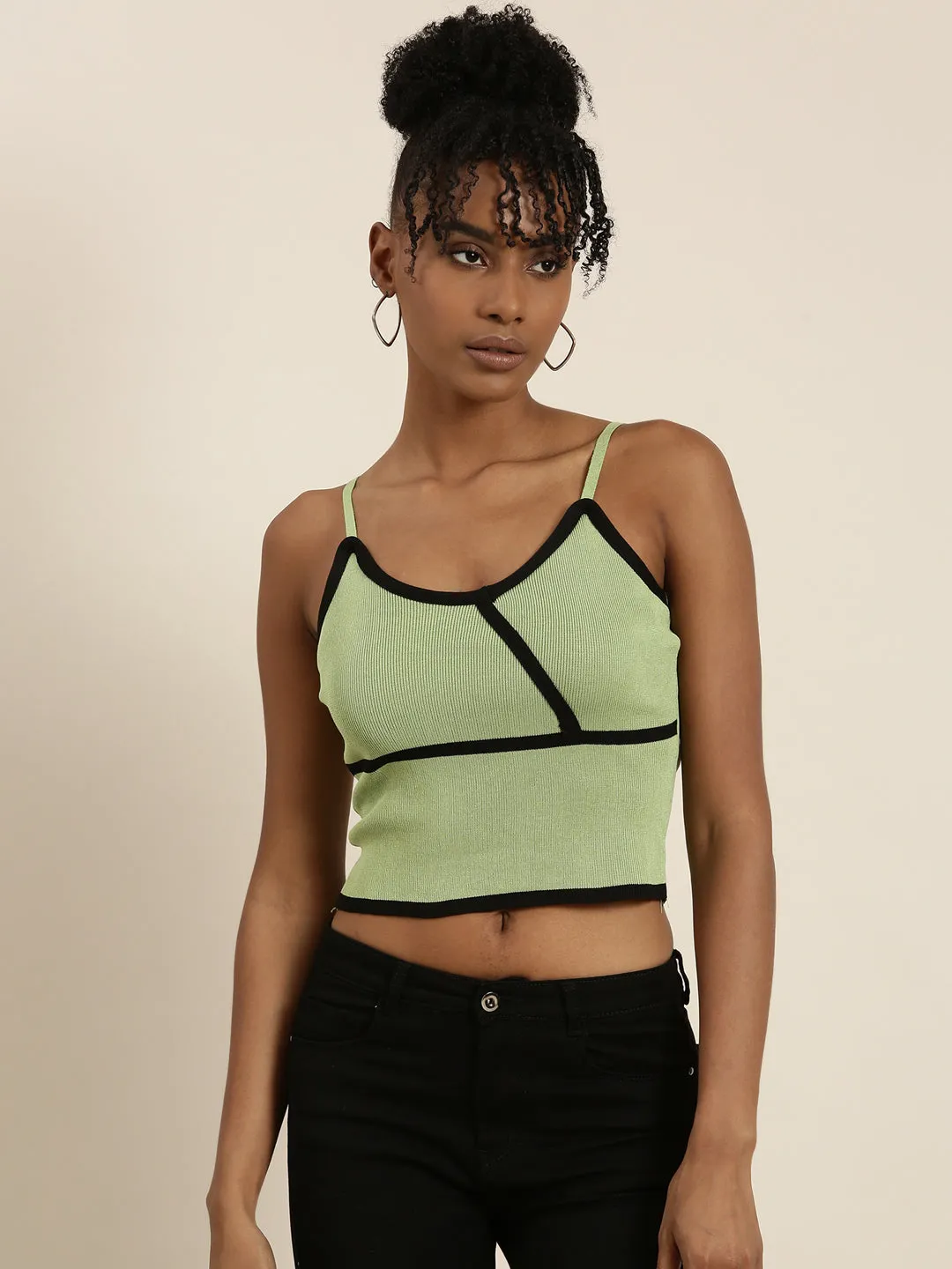 Essential Top Anti Static Treatment Women's Green Ribbed Shoulder Straps Crop Tank Top