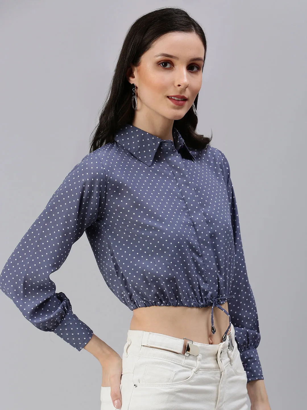 Comfortable And Trendy Women's Grey Floral Print Crepe Shirt Style Crop Top