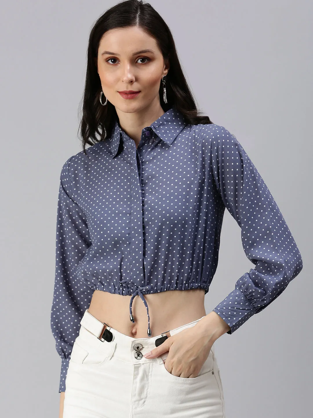 Luxury clothing Women's Grey Floral Print Crepe Shirt Style Crop Top