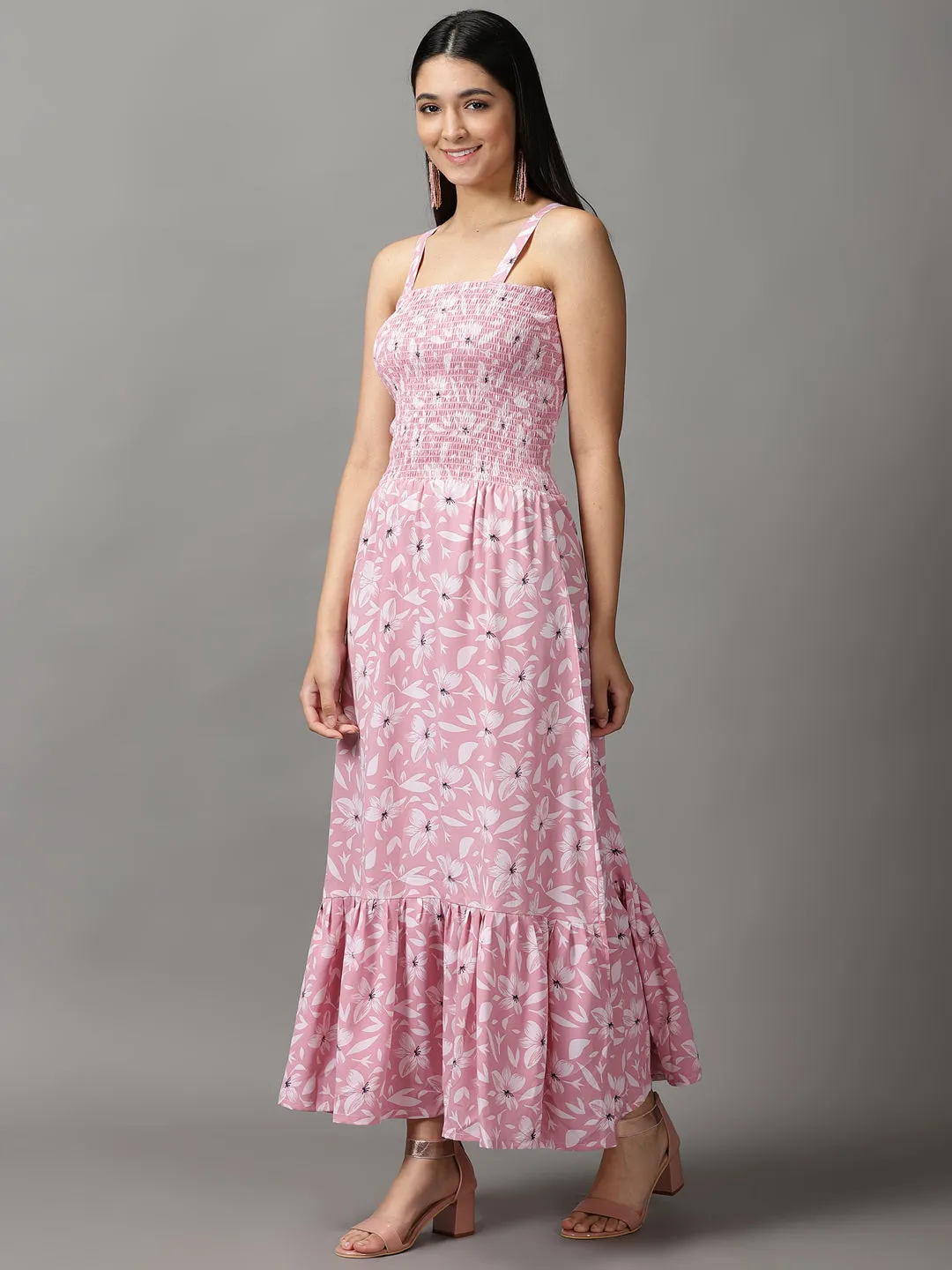 Classic-style Women's Pink Floral Crepe Fit & Flare Dress