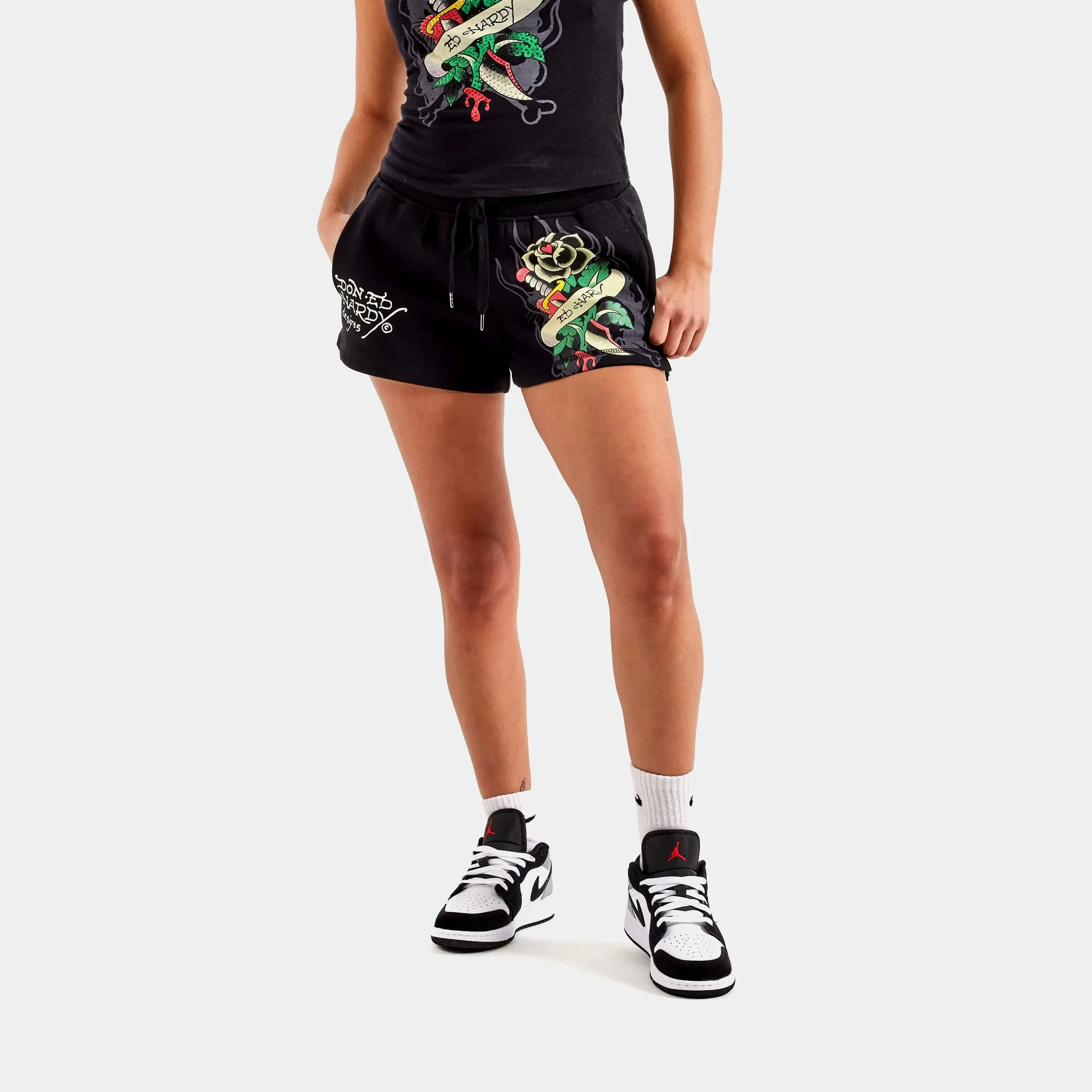 Black Rose Y2K Fleece Womens Shorts (Black) Hot Weather Soft Material