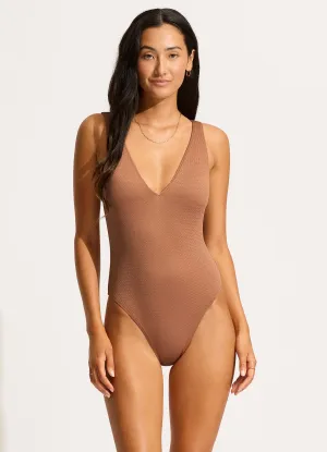 Sea Dive Deep V Neck One Piece - Bronze Textured-Surface Relaxing Retreat