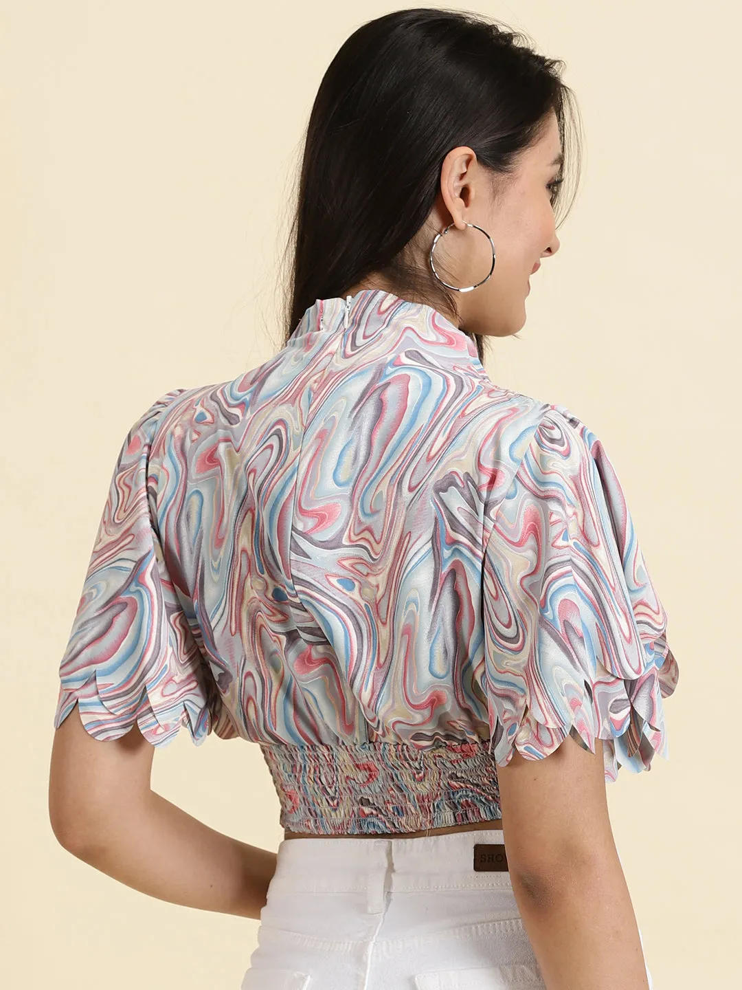 Fresh Vibes Pocket Detailing Women's Multi Printed High Neck Collar Flutter Sleeve Crepe Blouson Crop Top