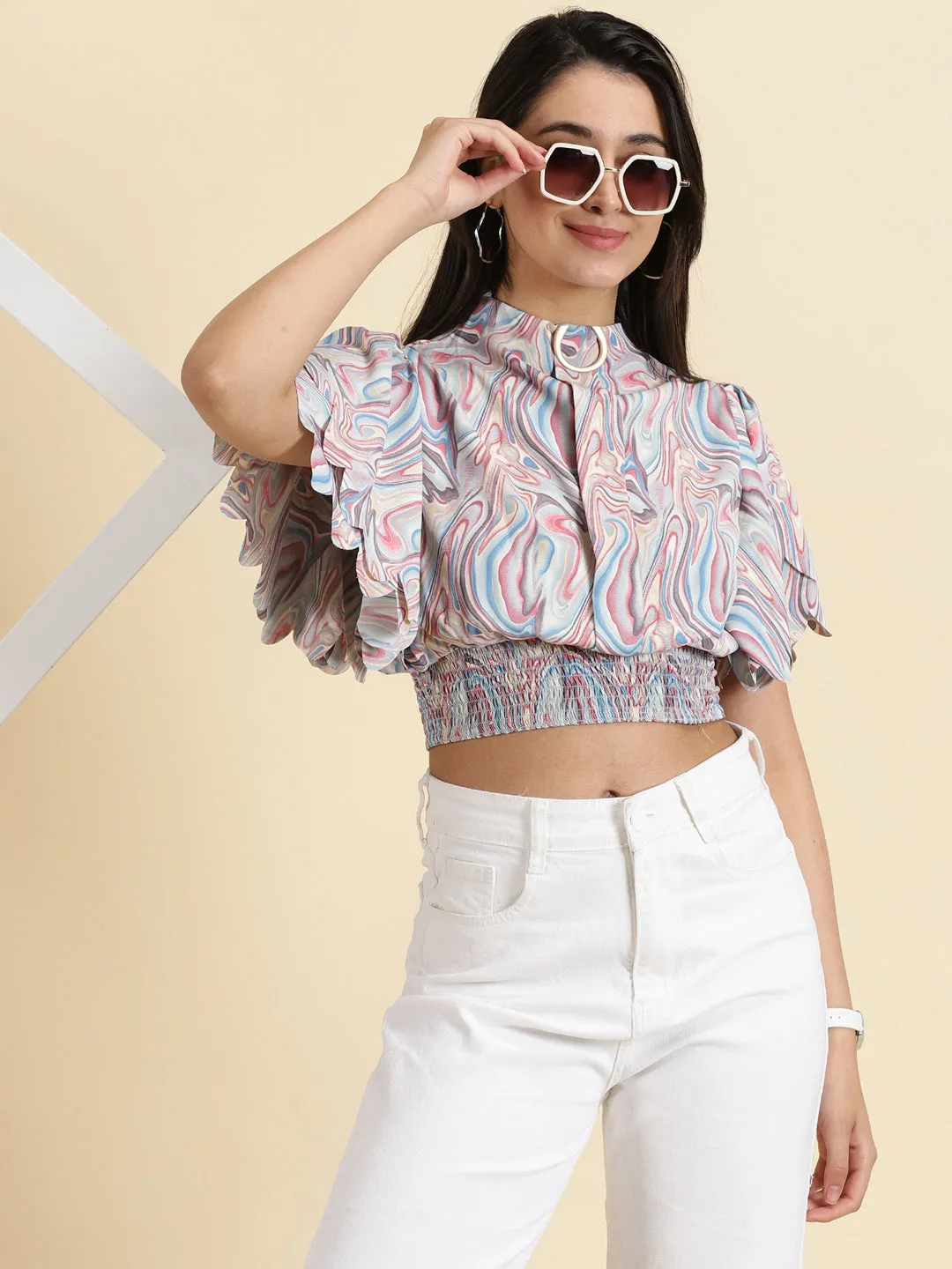 easygoing look Women's Multi Printed High Neck Collar Flutter Sleeve Crepe Blouson Crop Top