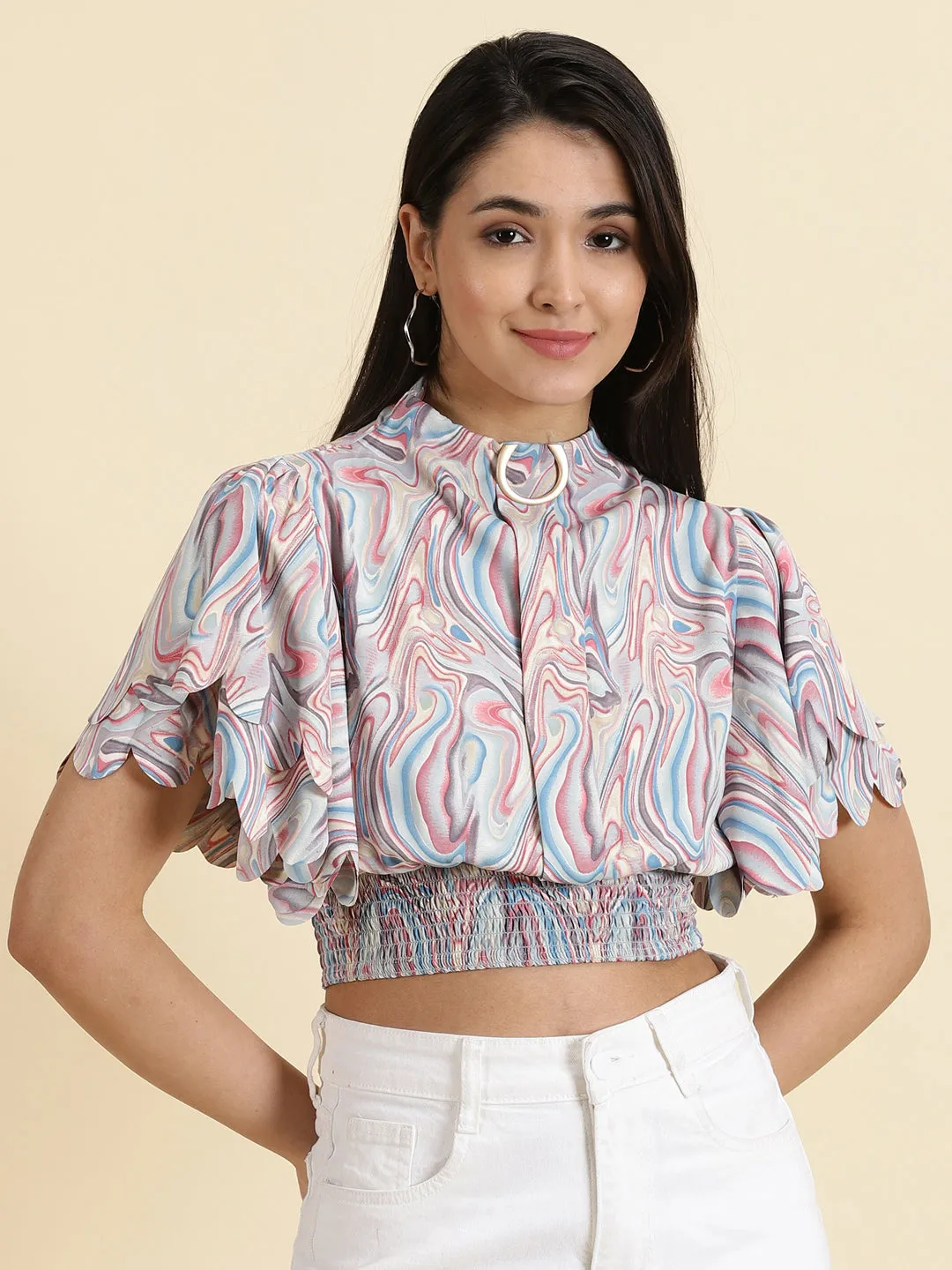 Women's Multi Printed High Neck Collar Flutter Sleeve Crepe Blouson Crop Top Timeless Comfort Wear