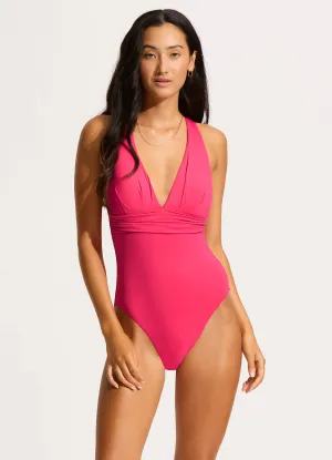 Vacation Ready Soft Elasticity Seafolly Collective Cross Back One Piece - Raspberry