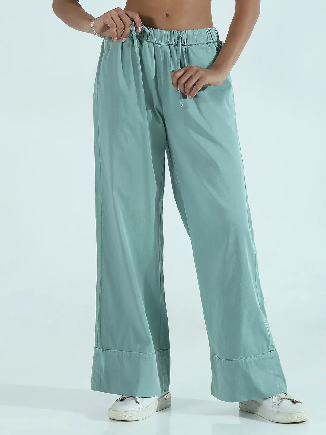 Women's Green Solid Wide Leg Wide Leg Trouser No Frills Fit ReinforcedBeltLoops