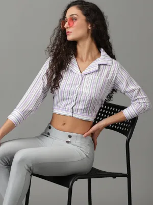 Flexible Neckband SoftTouchFinish Women's White Striped Shirt Style Crop Top