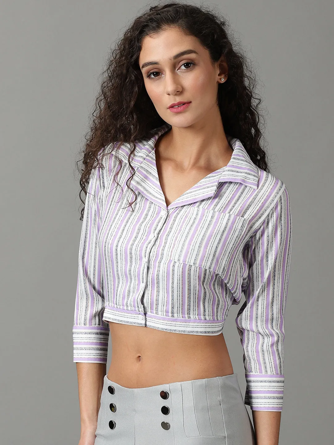 Job Interview Summer Casual Women's White Striped Shirt Style Crop Top