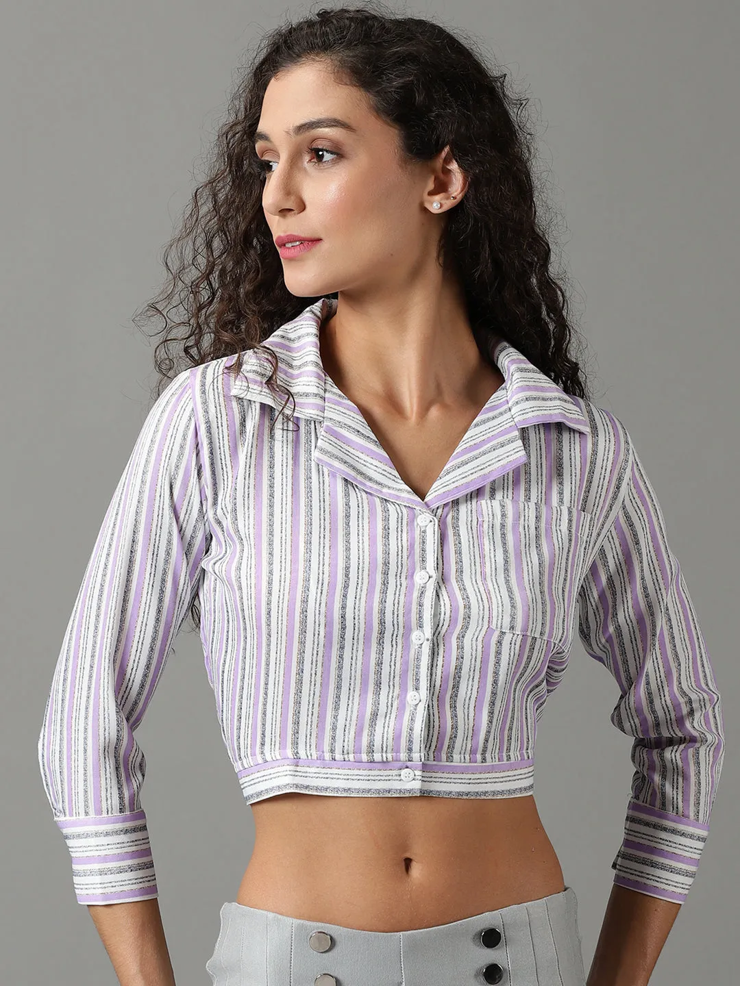 Abstract mystery Women's White Striped Shirt Style Crop Top