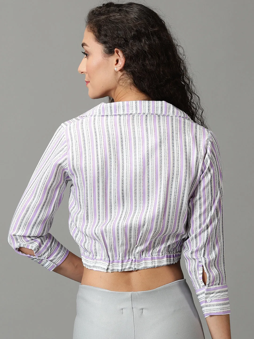 Women's White Striped Shirt Style Crop Top Chilly Day Wear