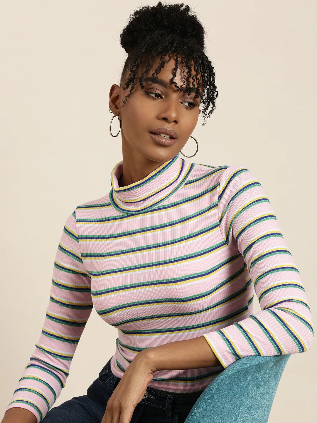 Quick Comfort Design Women's Pink Striped Acrylic Regular Top