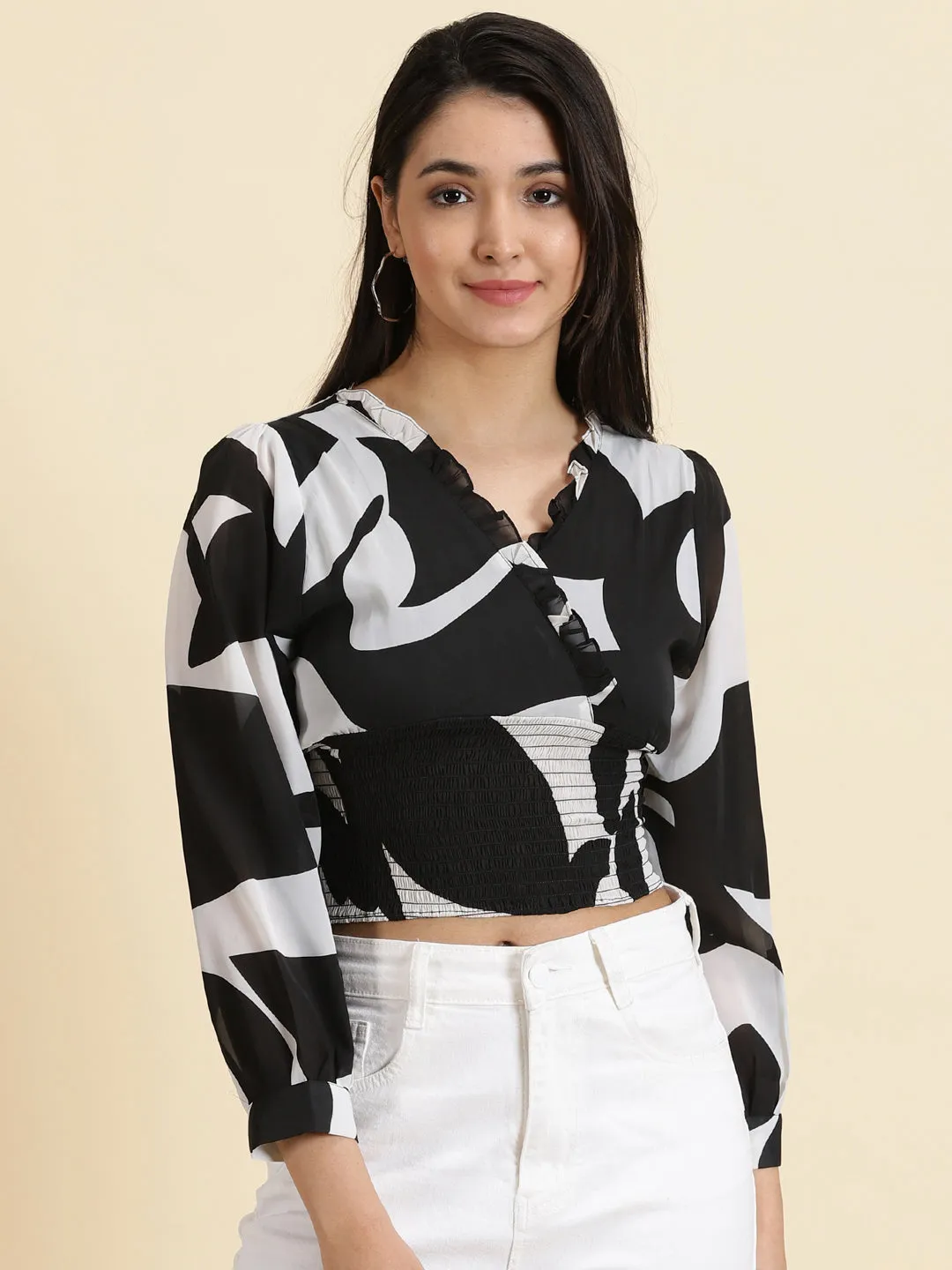 WrinkleResistant Texture Women's Black Printed Puff Sleeves Cinched Waist Crop Top