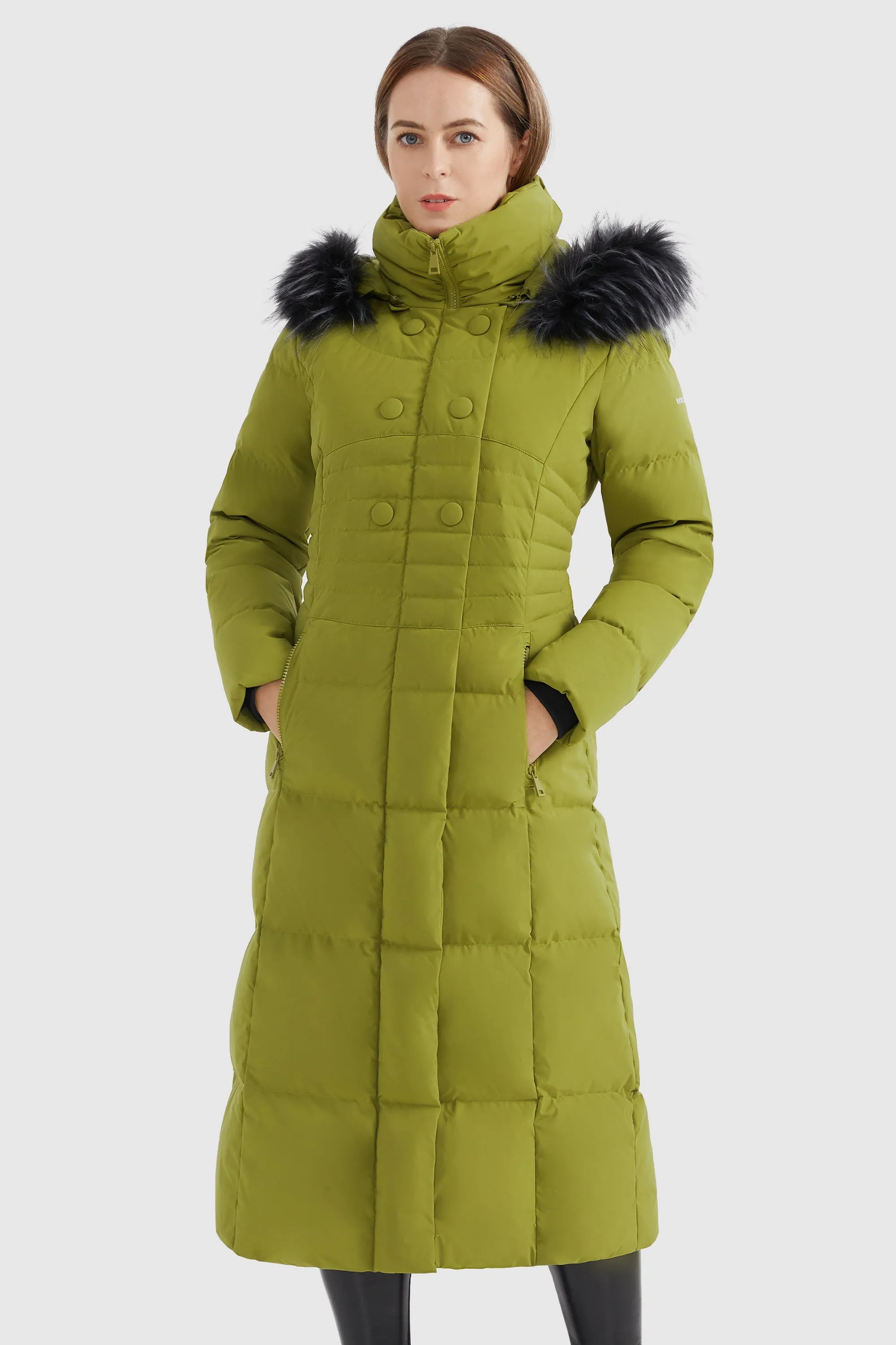 Anti Pilling Fabric Quilted Hooded Fur Long Down Puffer Coat