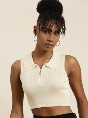 Quick Wear Women's Beige Shirt Collar Sleeveless Cotton Fitted Crop Top