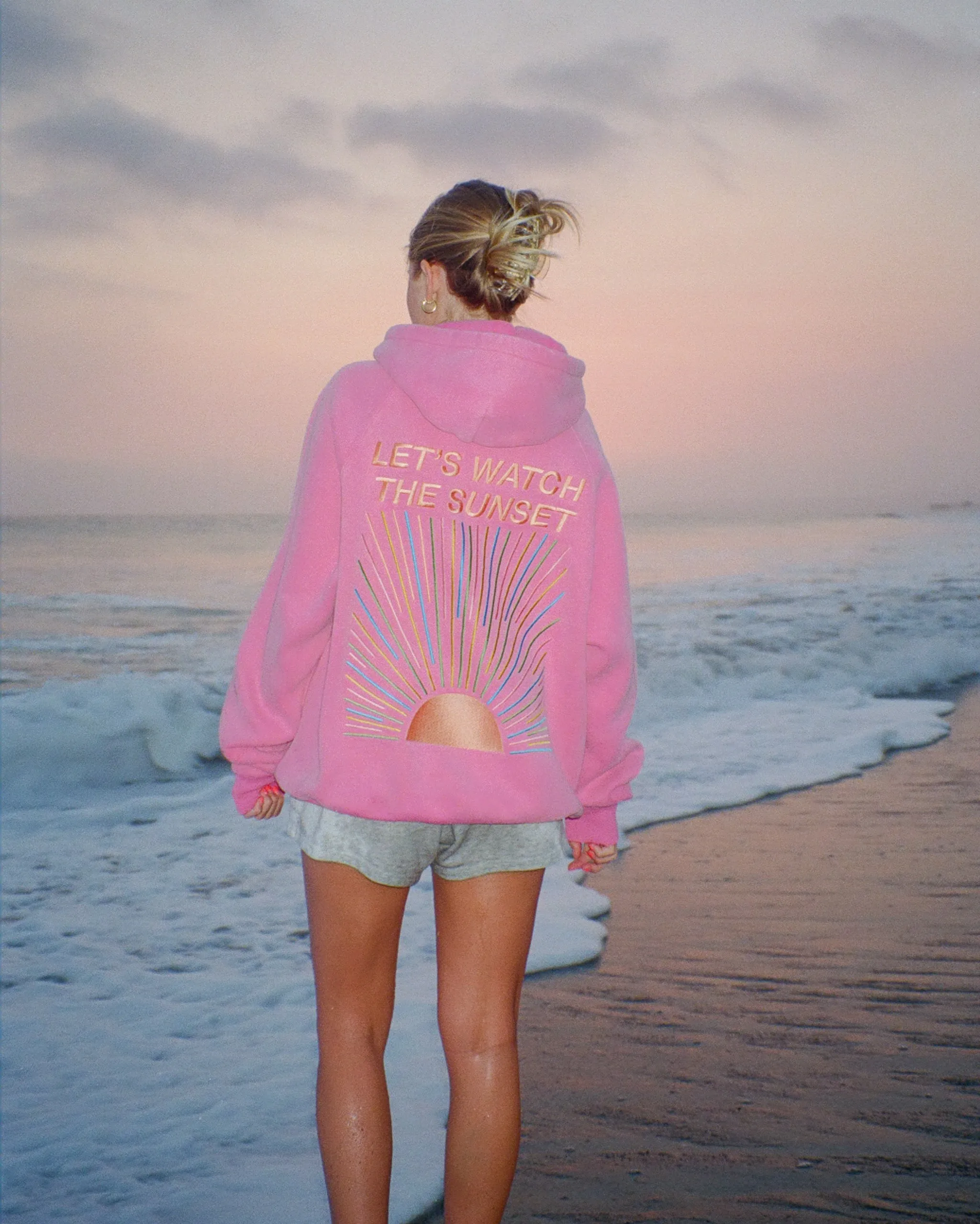 Suede "Let's Watch the Sunset" Oversized Lux Hoodie in Vintage Washed Pink