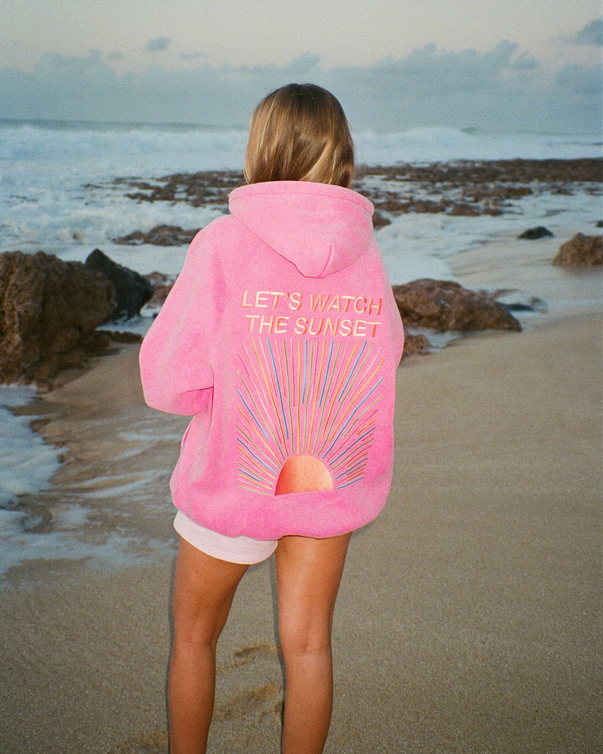 Travel Active zippered "Let's Watch the Sunset" Oversized Lux Hoodie in Vintage Washed Pink