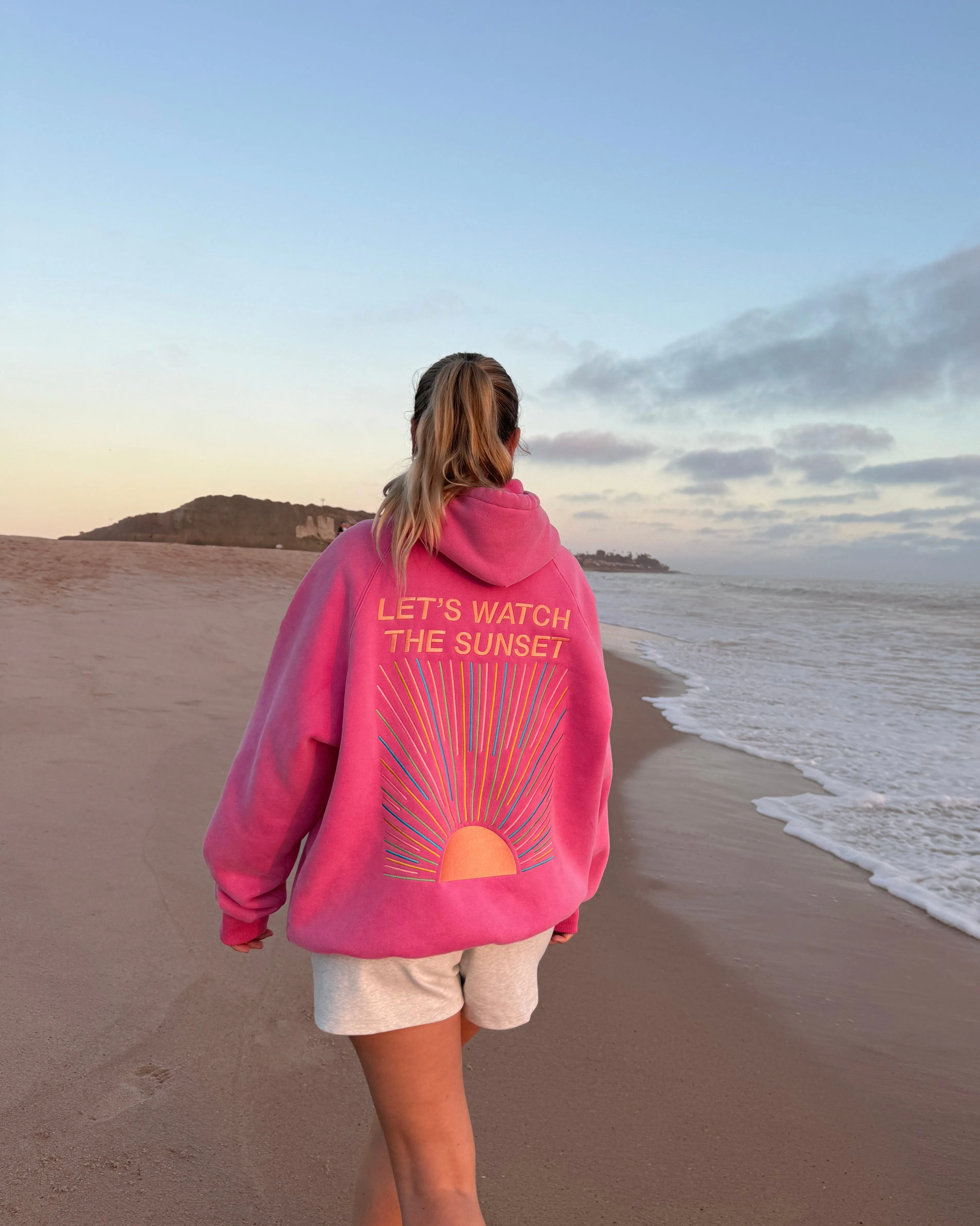 Soft Touch Fabric Fashion Piece "Let's Watch the Sunset" Oversized Lux Hoodie in Vintage Washed Pink