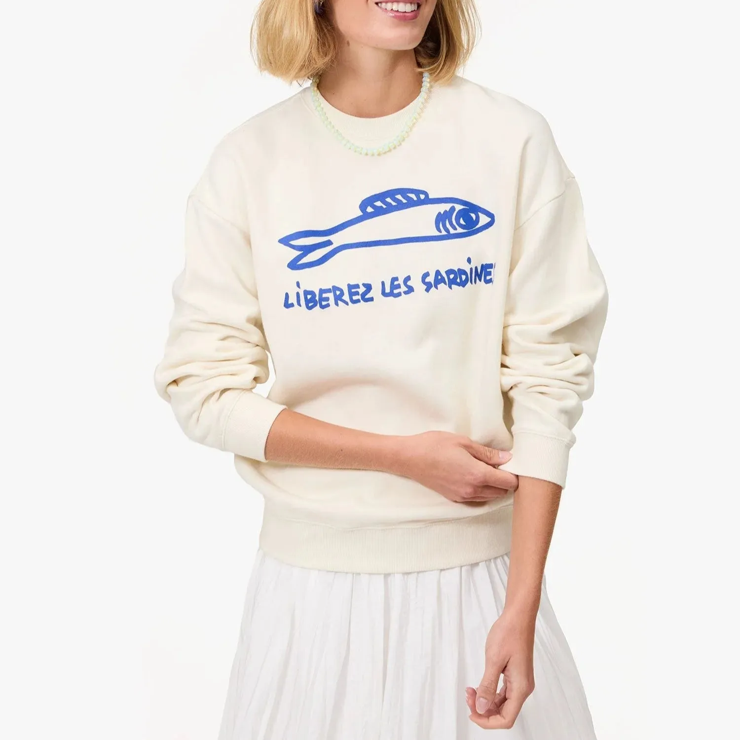 "Liberez les Sardines" Oversized Sweatshirt (Cream) Classic Sporty vacation wear