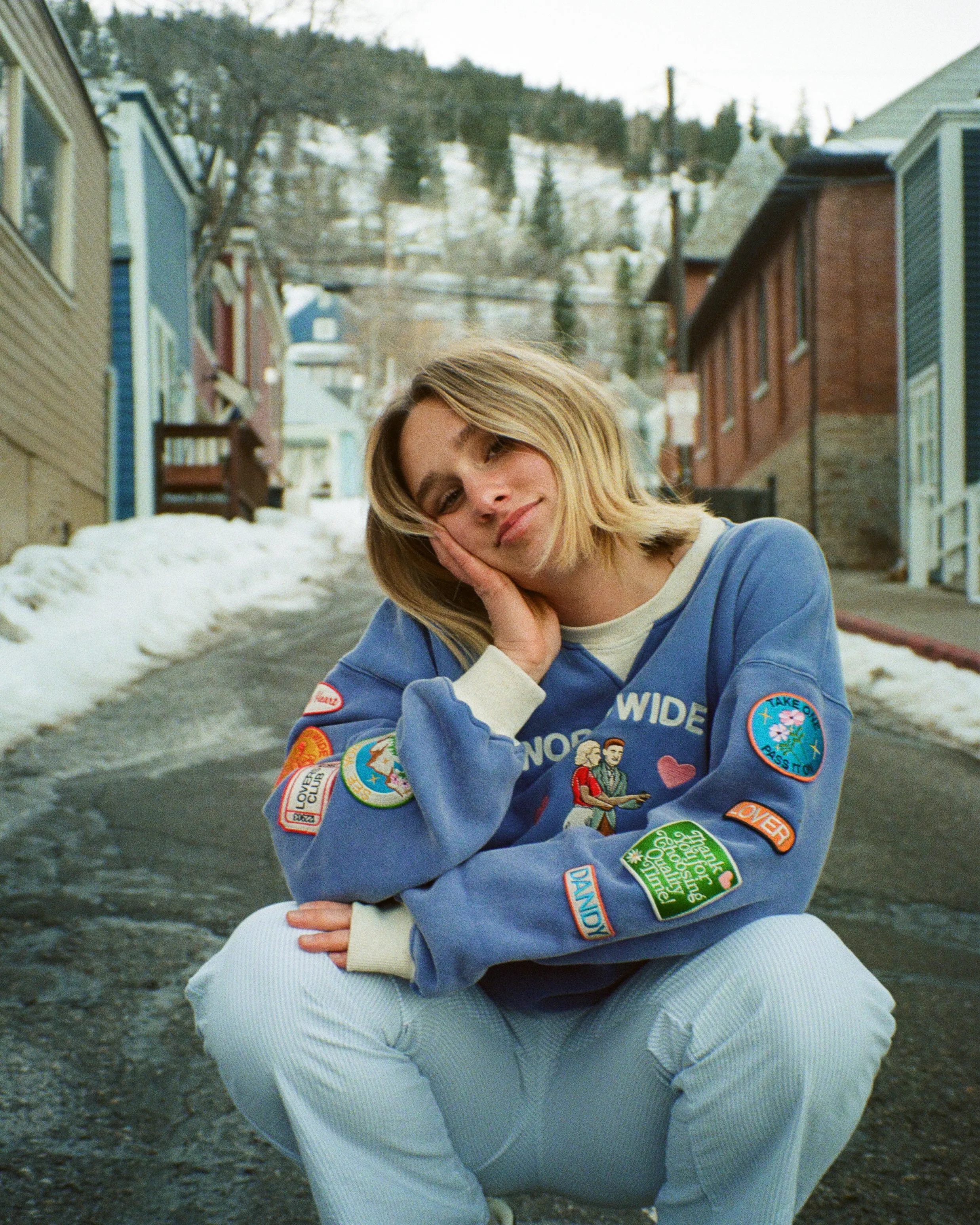 Patchwork "Lovers Club" Crew Neck in Vintage Washed Blue