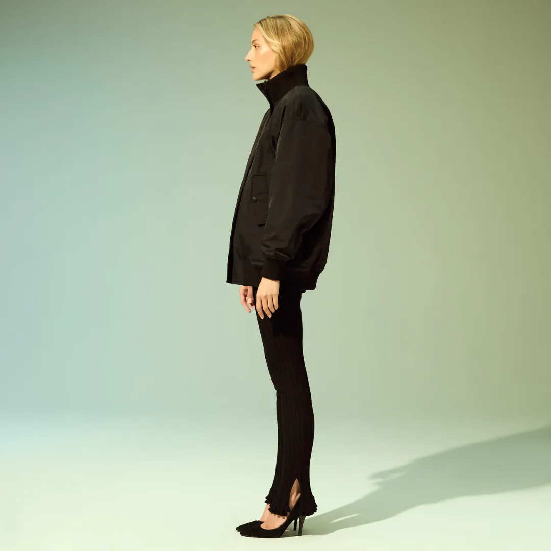 Magnetic Closure Options Layering Compatible Cut Rib Collar Bomber Jacket (Black)