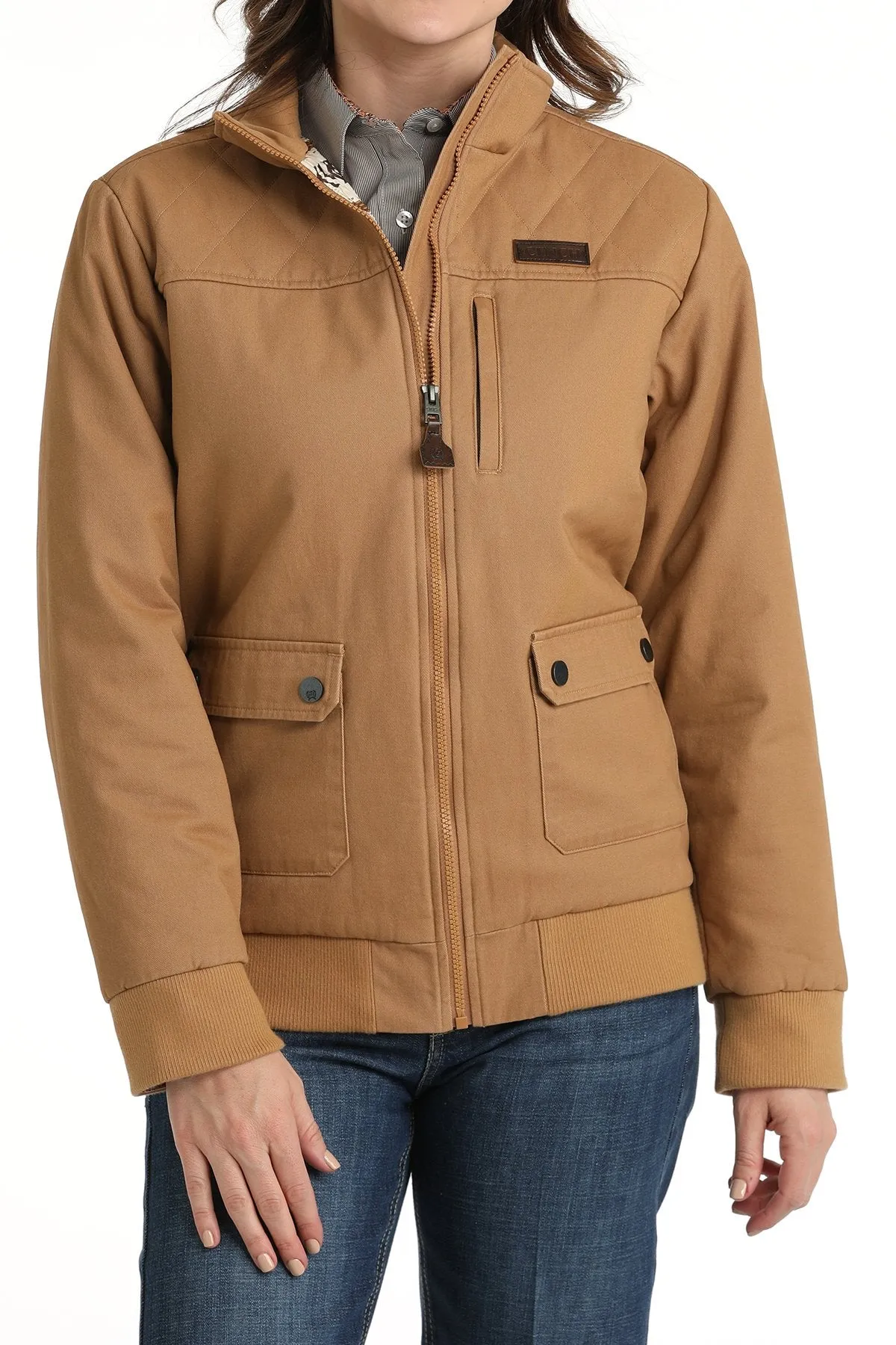 Ergonomic Sleeve Shaping Cinch Women's Canvas Bomber Jacket in Brown